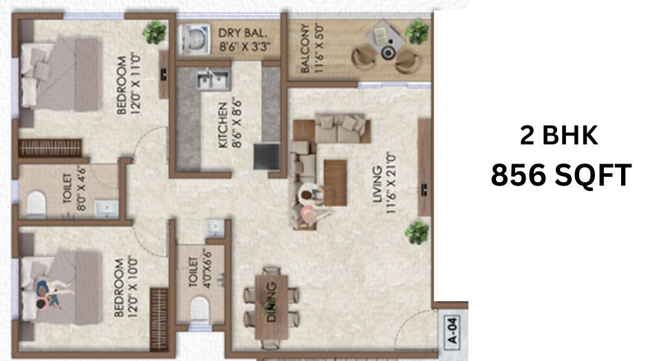 Sai-Asspire-Floor-Plan-A Wing- 2 BHK- 856 Sqft